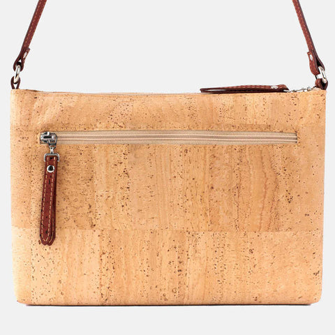 Zadnja stran svetlo rjave torbice z rdečimi okraski iz plute z zunanjim žepom na zadrgo Corkor