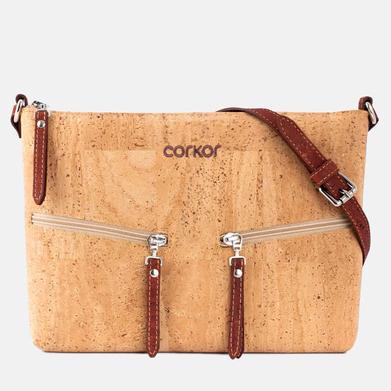 Svetlo rjava ženska torbica iz naravne plute z rdečo naramnico in rdečimi ročaji - dodatni zadrgi