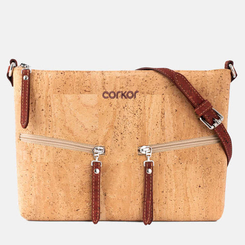 Svetlo rjava ženska torbica iz naravne plute z rdečo naramnico in rdečimi ročaji - dodatni zadrgi