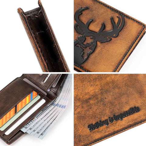 Detajli usnja in motiv jelena na denarnici Hunter