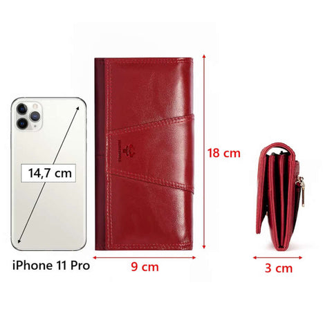 Primerjava velikosti ženske usnjene denarnice Amour z iPhone telefonom